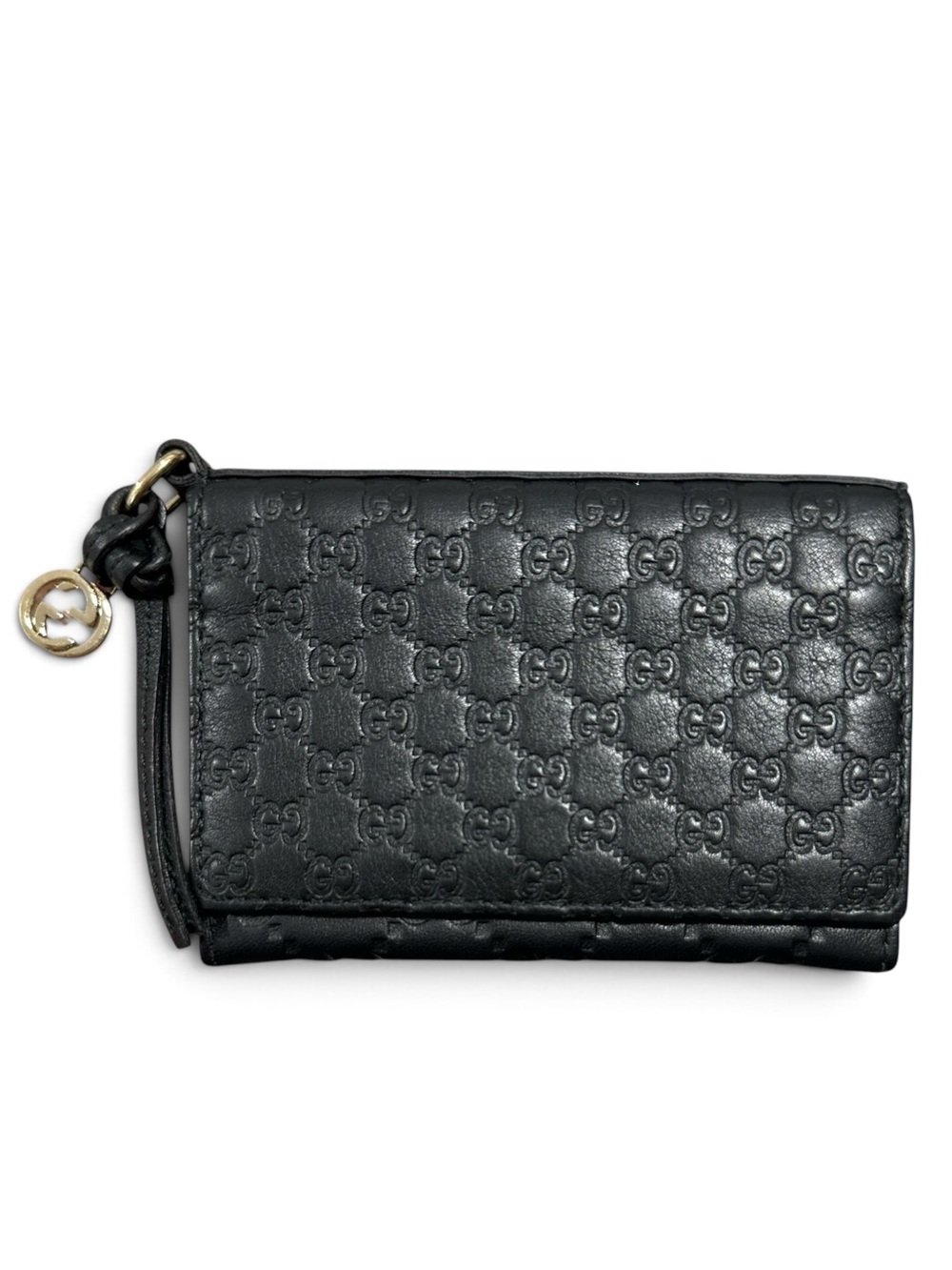 Gucci Black Microguccisima Embossed Monogram Leather & Gold GG Charm Card Holder